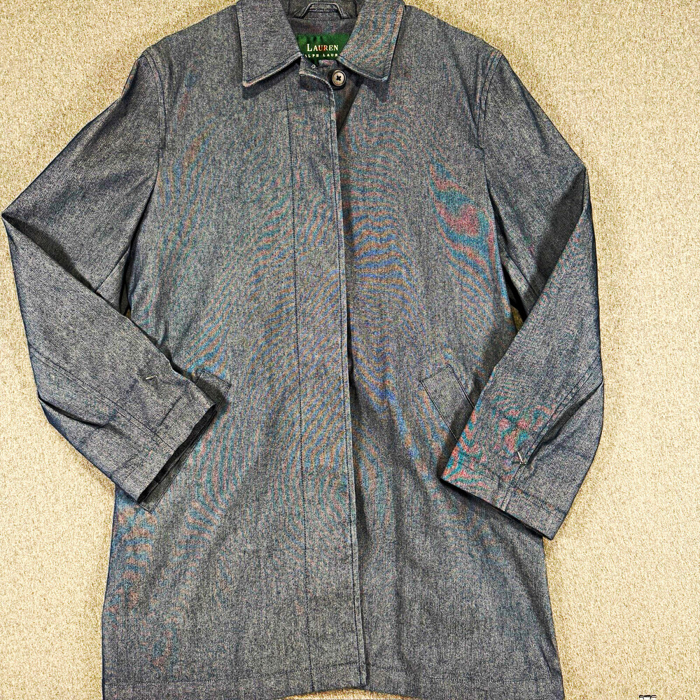 Lauren Ralph Lauren Womens Medium Blue Chambray Car Coat Jacket Long Trench